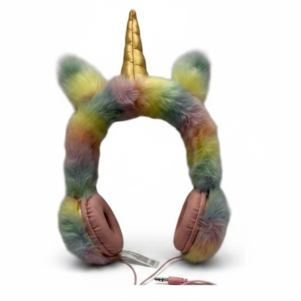 FAO Schwarz Rainbow Plush Unicorn Wired Headphones Gold Horn Earmuffs Kids